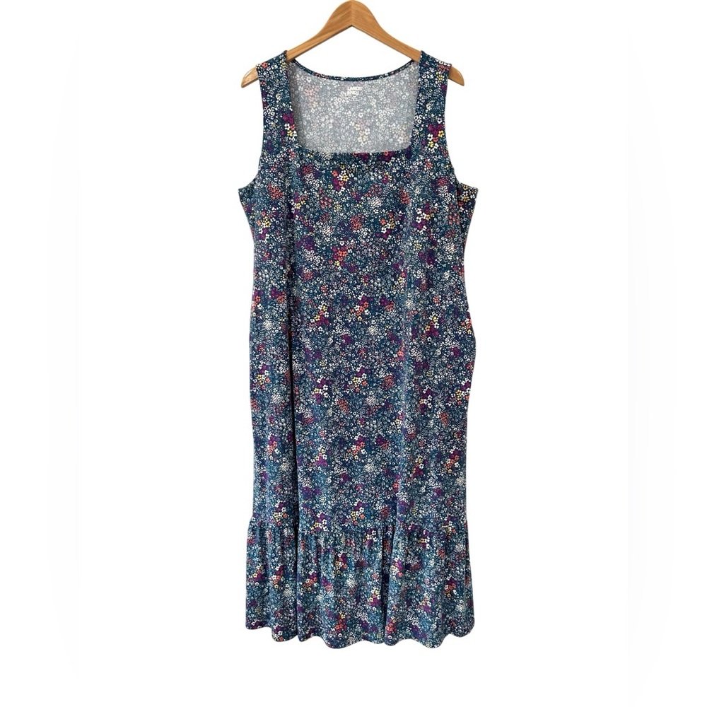 Lands' End women’s Cotton Modal Square Neck Tiered Maxi Dress 2X teal pockets